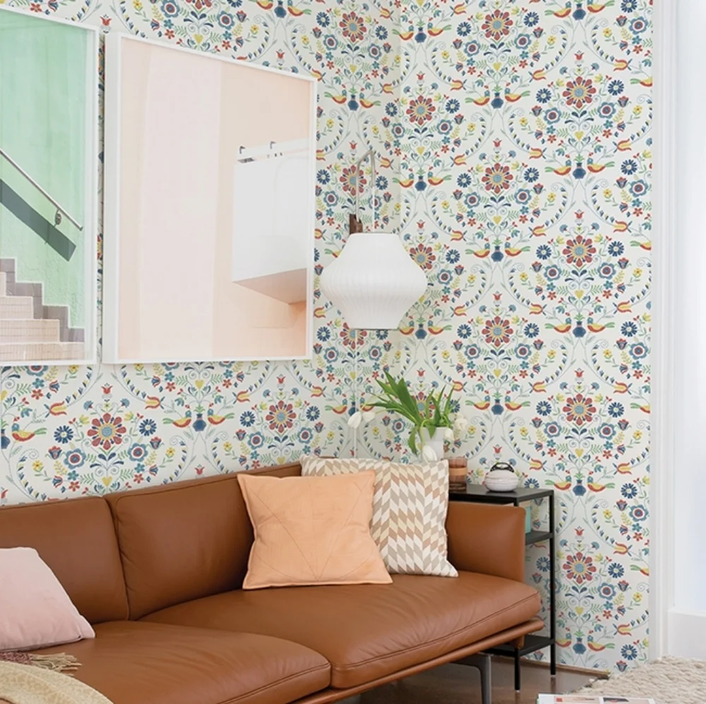 Wallpaper Britt Multicolor Embroidered Damask Folk Scandinavian